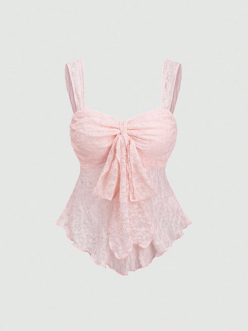 Sweetra New Spring/Summer Wide Strap Bow Textured Fabric Top, Sweet & Fashionable, Suitable For Daily Wear