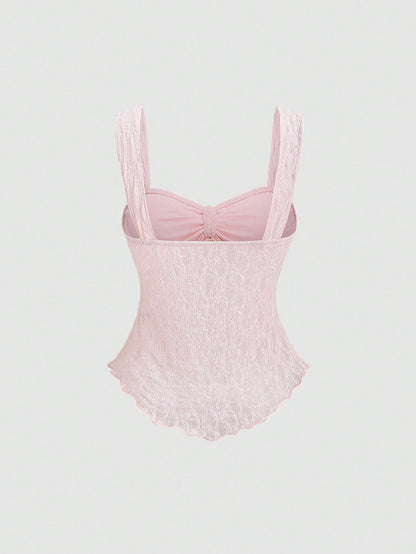 Sweetra New Spring/Summer Wide Strap Bow Textured Fabric Top, Sweet & Fashionable, Suitable For Daily Wear