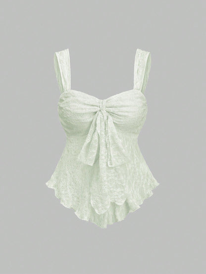 Sweetra New Spring/Summer Wide Strap Bow Textured Fabric Top, Sweet & Fashionable, Suitable For Daily Wear