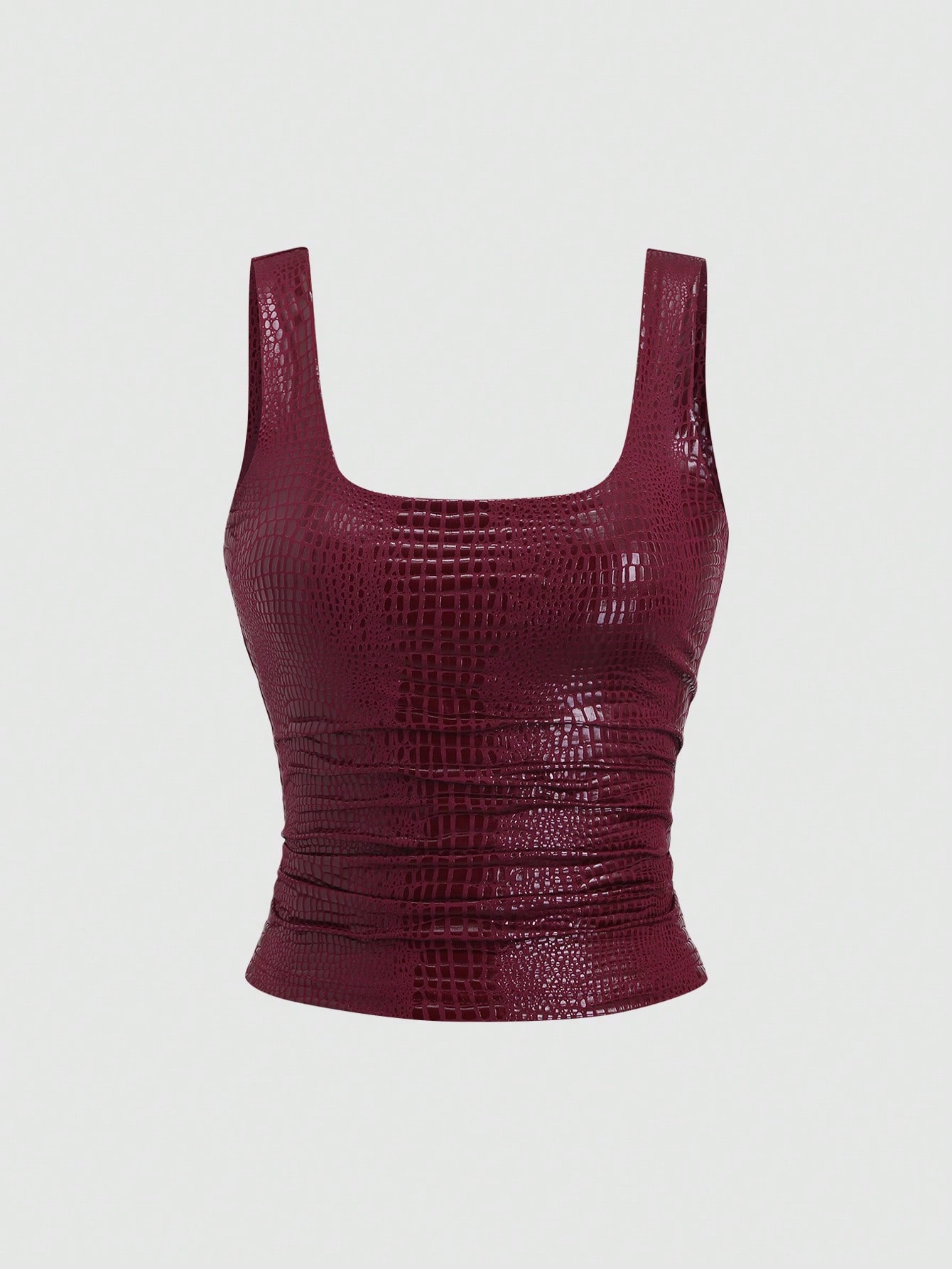 Sweetra New Stylish Burgundy Crocodile Embossed PU Coated Elastic Streetwear Party Clubwear Commuter Everyday Fitted Tank Top For Women, Spring/Summer