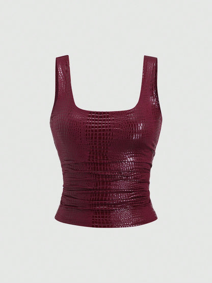 Sweetra New Stylish Burgundy Crocodile Embossed PU Coated Elastic Streetwear Party Clubwear Commuter Everyday Fitted Tank Top For Women, Spring/Summer