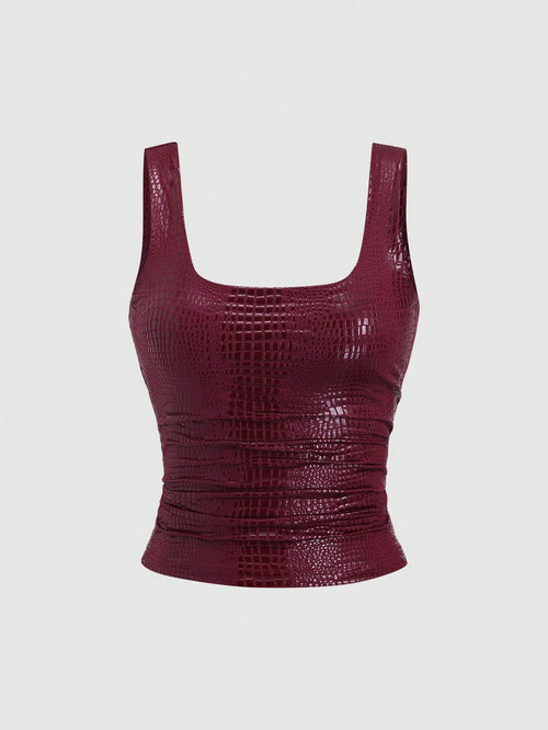 Sweetra New Stylish Burgundy Crocodile Embossed PU Coated Elastic Streetwear Party Clubwear Commuter Everyday Fitted Tank Top For Women, Spring/Summer