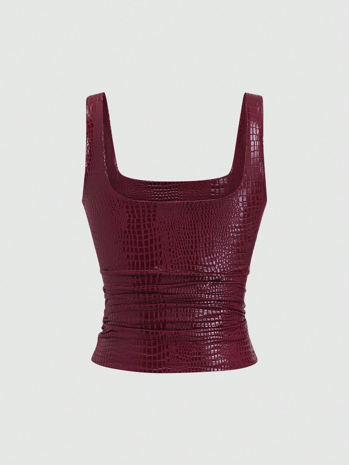 Sweetra New Stylish Burgundy Crocodile Embossed PU Coated Elastic Streetwear Party Clubwear Commuter Everyday Fitted Tank Top For Women, Spring/Summer