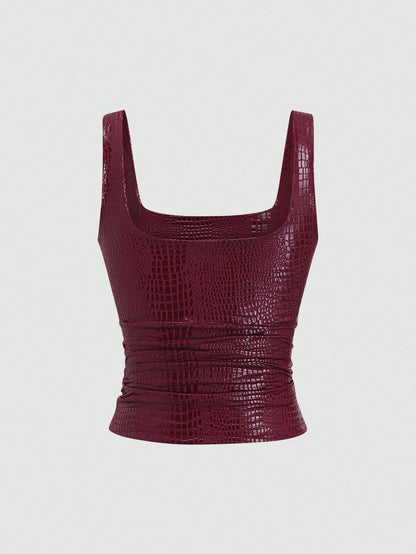 Sweetra New Stylish Burgundy Crocodile Embossed PU Coated Elastic Streetwear Party Clubwear Commuter Everyday Fitted Tank Top For Women, Spring/Summer