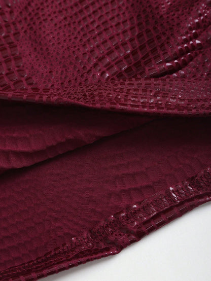 Sweetra New Stylish Burgundy Crocodile Embossed PU Coated Elastic Streetwear Party Clubwear Commuter Everyday Fitted Tank Top For Women, Spring/Summer