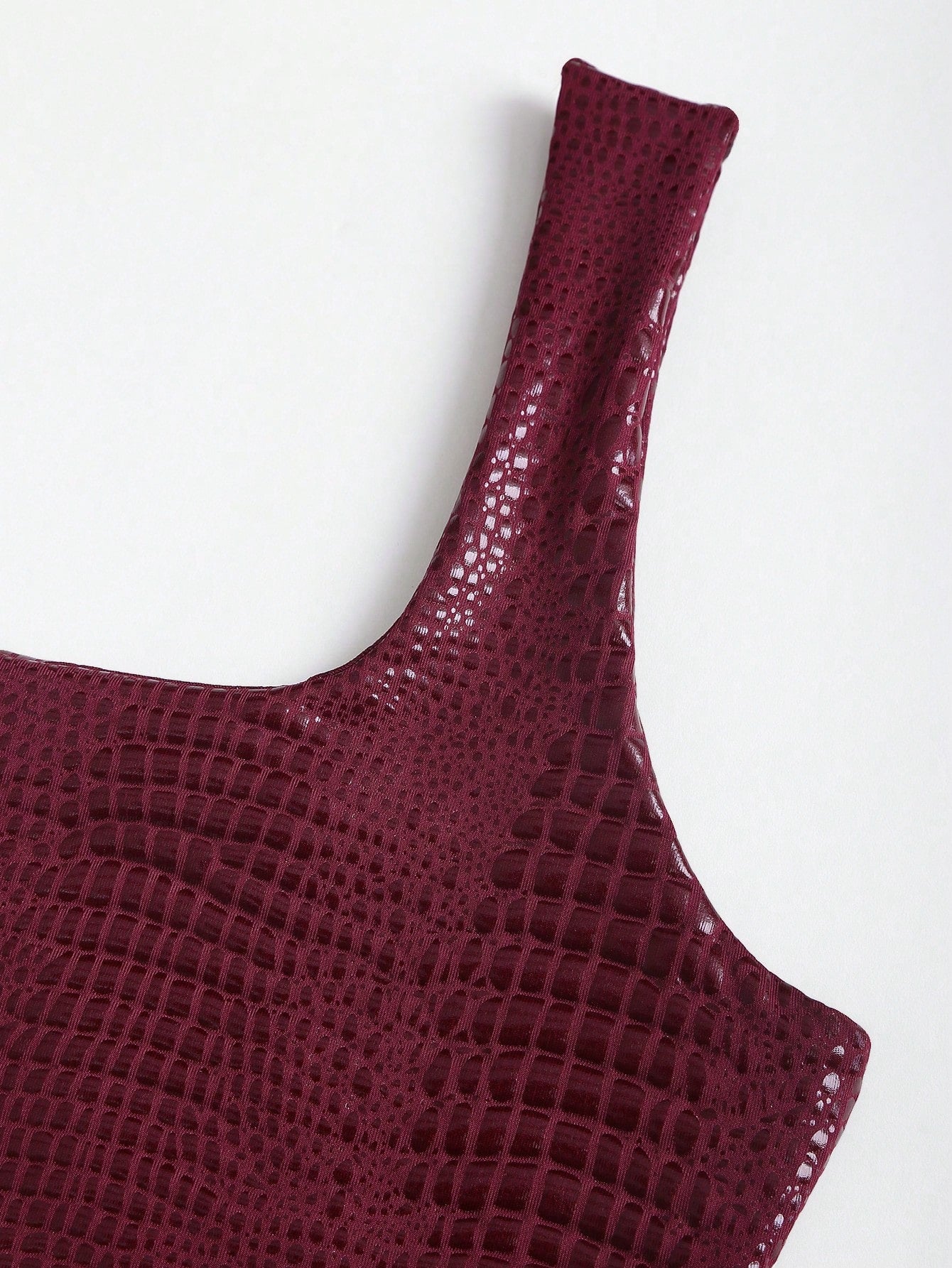 Sweetra New Stylish Burgundy Crocodile Embossed PU Coated Elastic Streetwear Party Clubwear Commuter Everyday Fitted Tank Top For Women, Spring/Summer