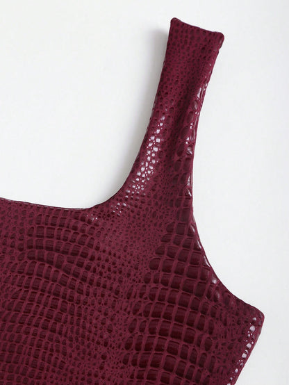 Sweetra New Stylish Burgundy Crocodile Embossed PU Coated Elastic Streetwear Party Clubwear Commuter Everyday Fitted Tank Top For Women, Spring/Summer
