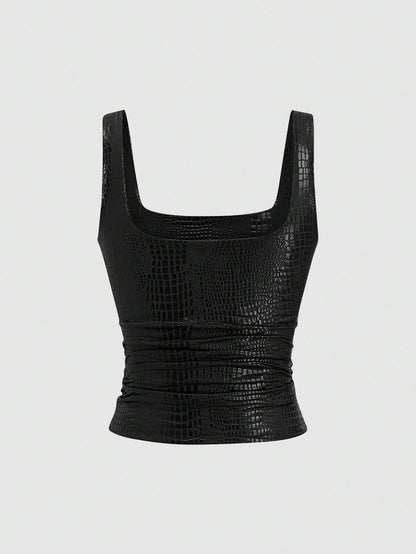Sweetra New Stylish Burgundy Crocodile Embossed PU Coated Elastic Streetwear Party Clubwear Commuter Everyday Fitted Tank Top For Women, Spring/Summer