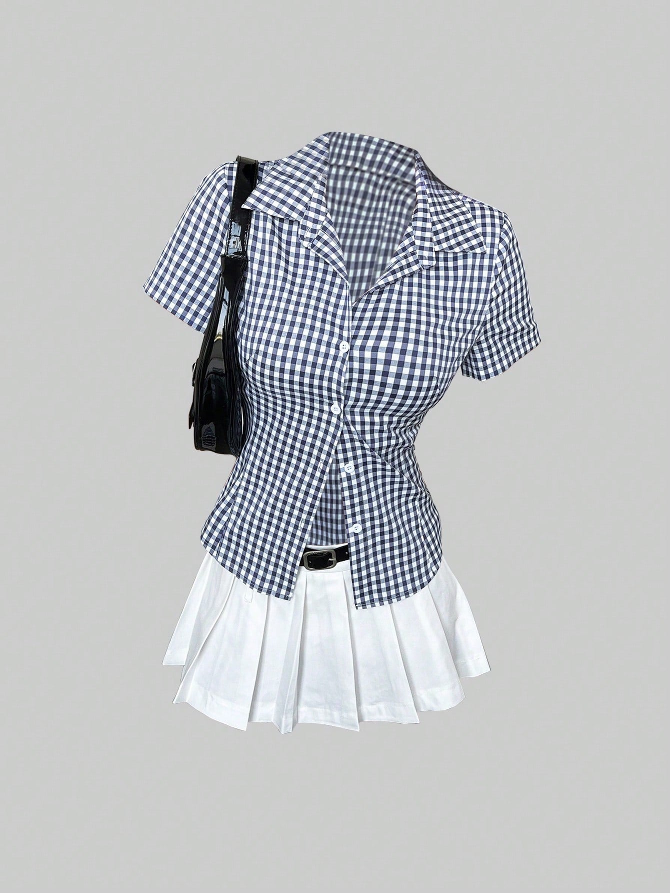 Sweetra Retro Hong Kong Style Mini Plaid Waisted Slim All-Match Versatile Polo Collar Women Short Sleeve Shirt, Spring/Summer