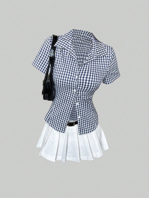 Sweetra Retro Hong Kong Style Mini Plaid Waisted Slim All-Match Versatile Polo Collar Women Short Sleeve Shirt, Spring/Summer