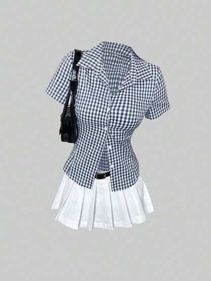 Sweetra Retro Hong Kong Style Mini Plaid Waisted Slim All-Match Versatile Polo Collar Women Short Sleeve Shirt, Spring/Summer
