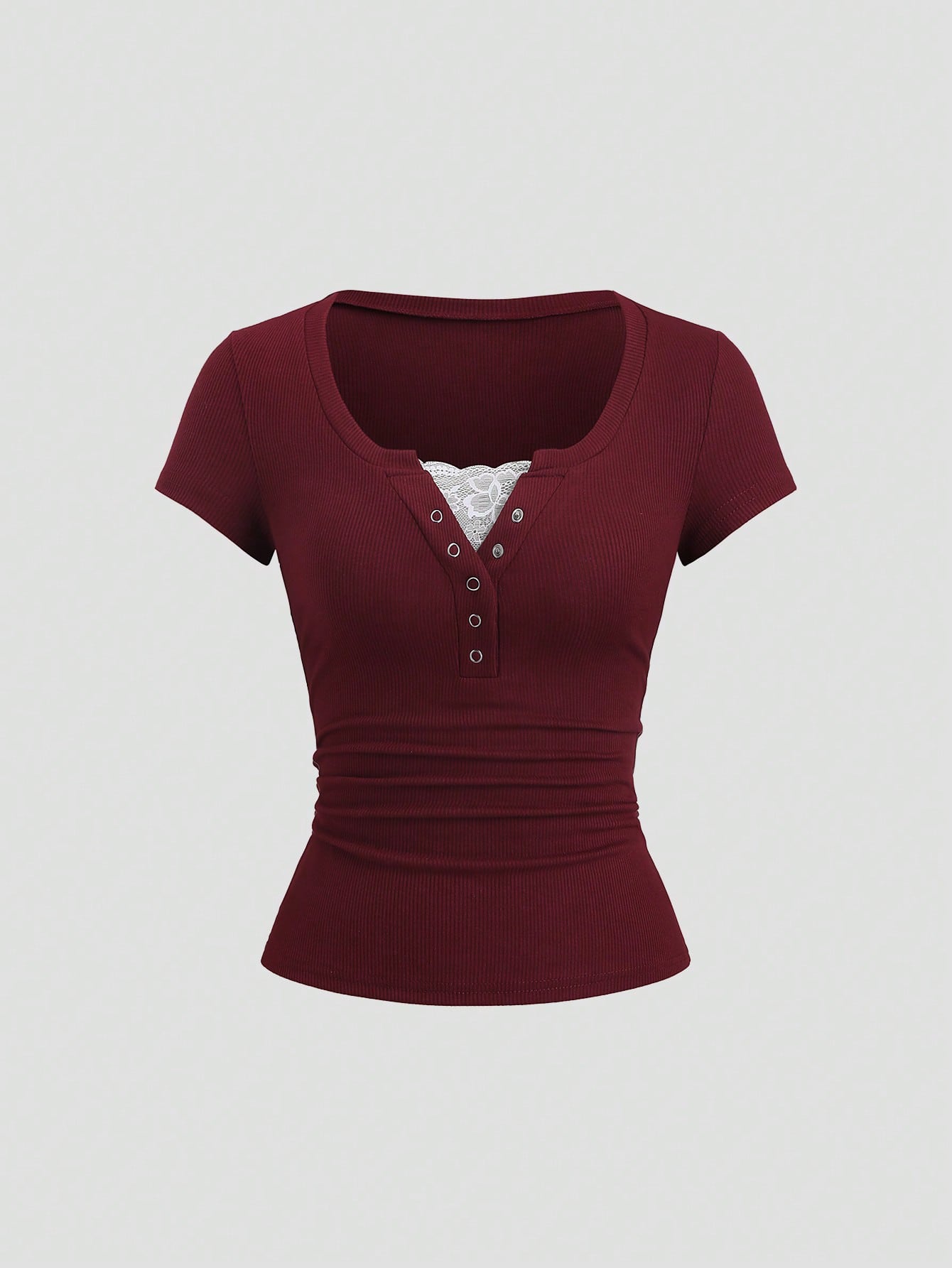 Sweetra Streetwear Women's Half-Open Cuff Eyelet Lace Trim Solid Color Short Sleeve T-Shirt