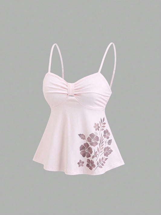 Sweetra Vintage Gentle Floral Print Slightly Flared Hem Concealing Body Shape Slimming Sweet Minimalist Sexy Summer Women's Camisole Tank Top