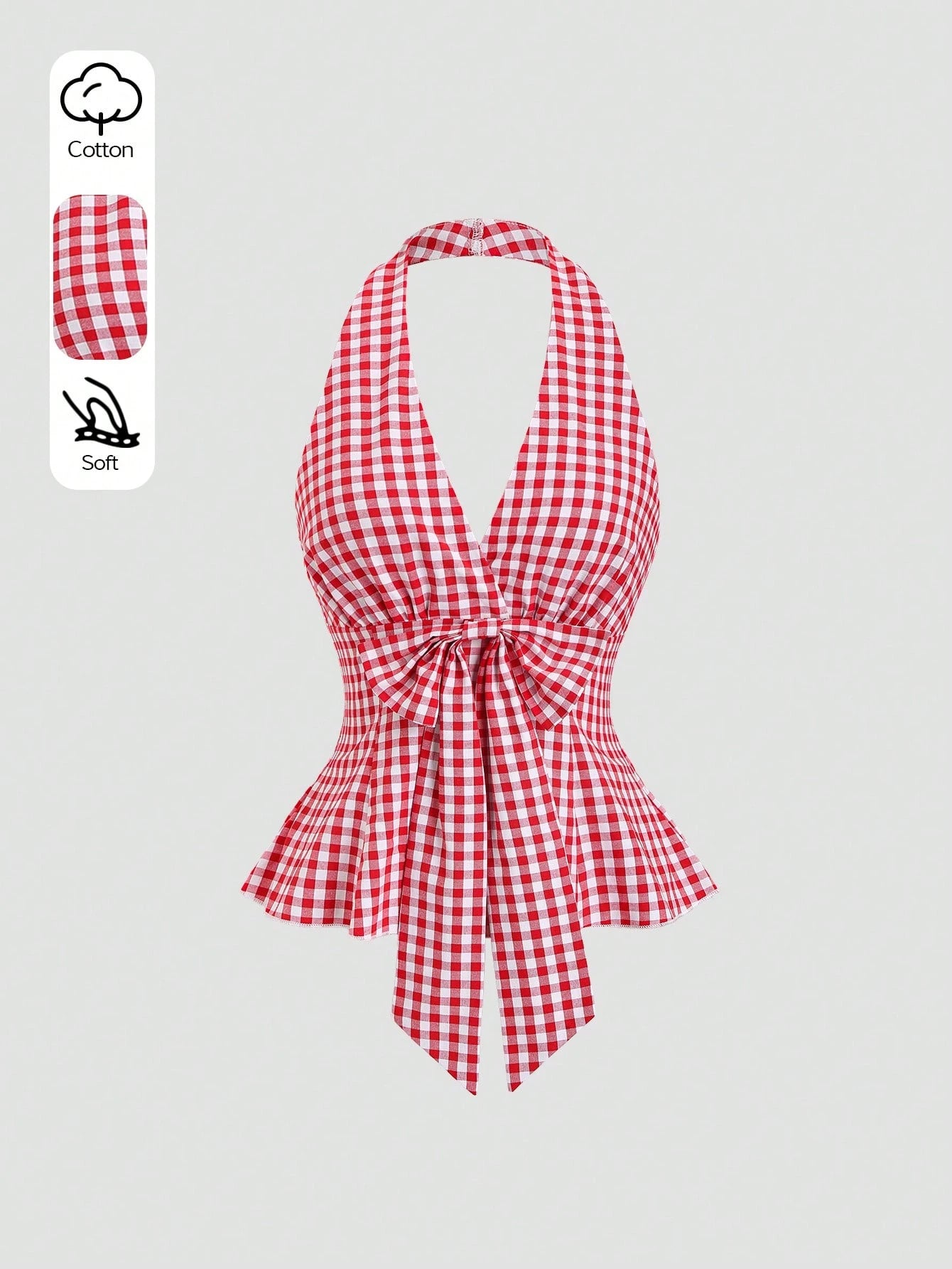 Sweetra Vintage Red & White Plaid V-Neck Bow Tie Waist Ruffle Hem Romantic Blouse For Women, Spring/Summer