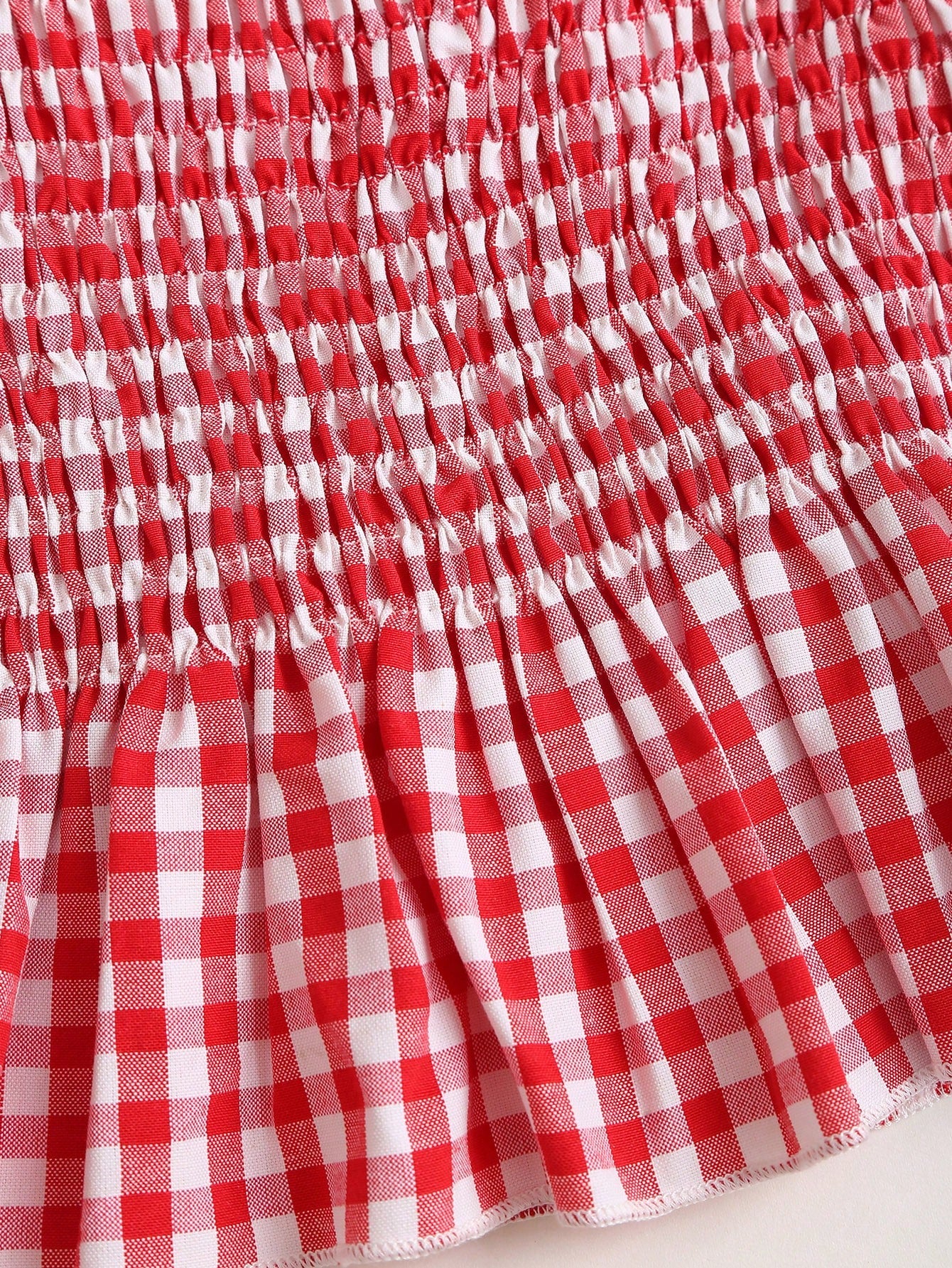Sweetra Vintage Red & White Plaid V-Neck Bow Tie Waist Ruffle Hem Romantic Blouse For Women, Spring/Summer