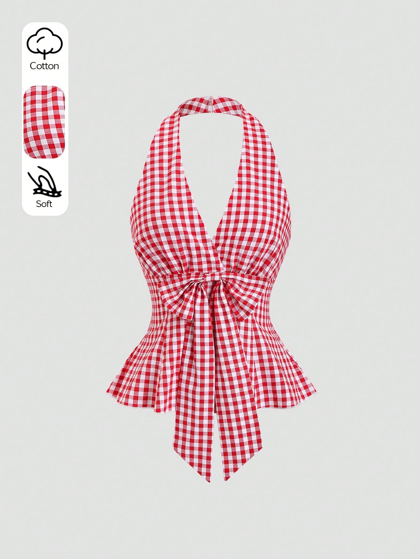 Sweetra Vintage Red & White Plaid V-Neck Bow Tie Waist Ruffle Hem Romantic Blouse For Women, Spring/Summer