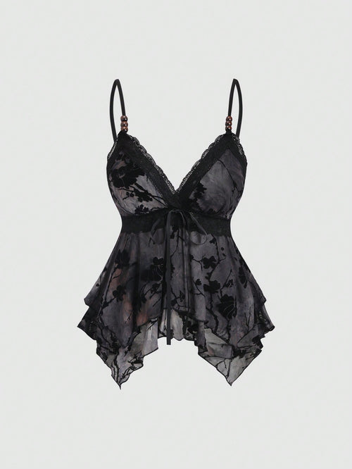Sweetra Women's Black Floral Summer Seductive Night Out Tank Top, Vintage Chic Lace Asymmetric Double-Layer Ruffle Hem, Spaghetti Strap V-Neck Ribbon Bow Top