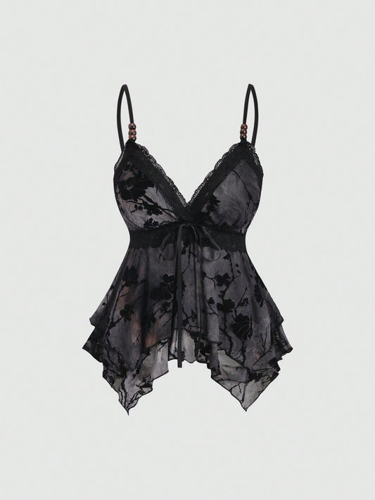 Sweetra Women's Black Floral Summer Seductive Night Out Tank Top, Vintage Chic Lace Asymmetric Double-Layer Ruffle Hem, Spaghetti Strap V-Neck Ribbon Bow Top