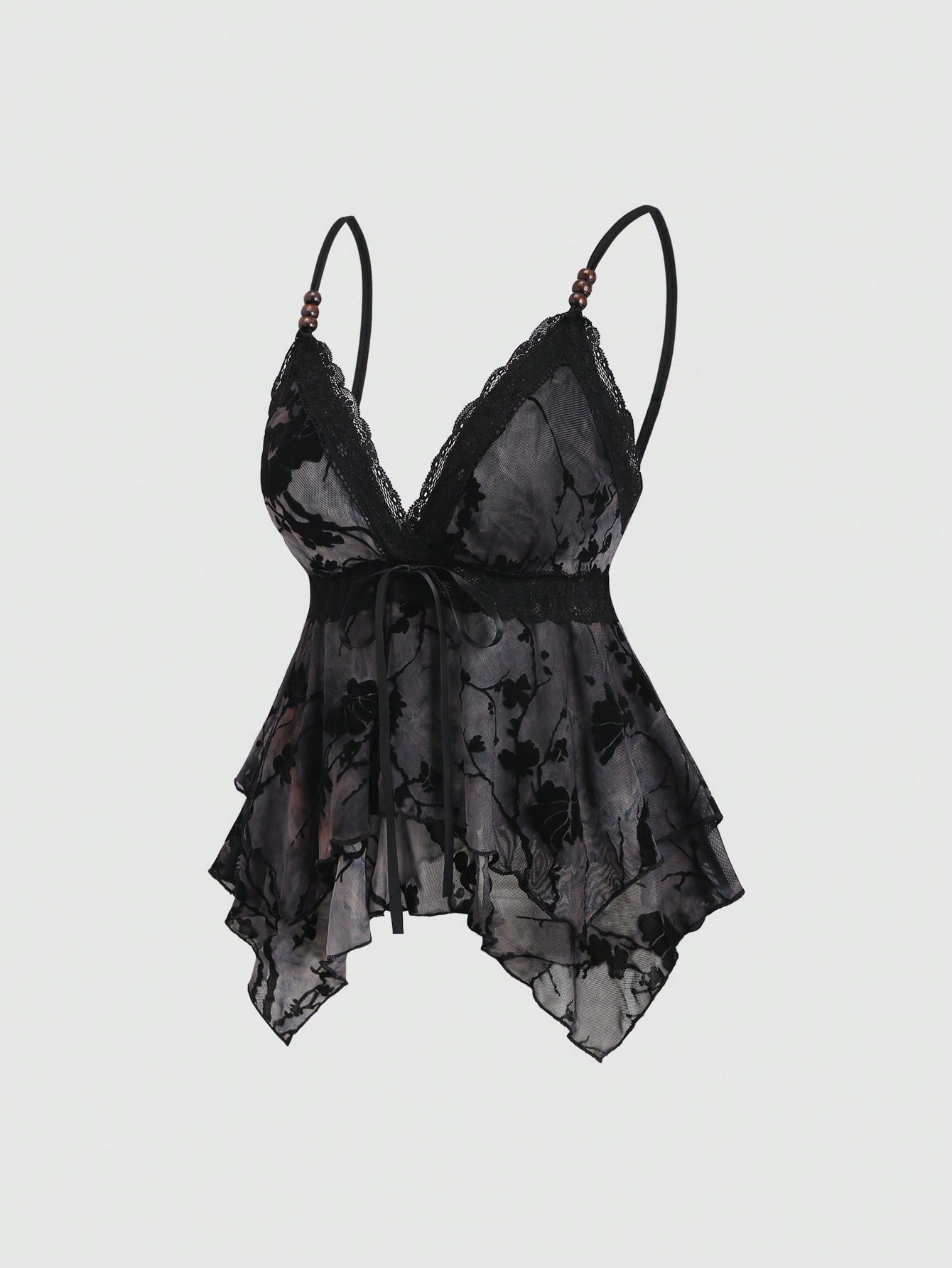 Sweetra Women's Black Floral Summer Seductive Night Out Tank Top, Vintage Chic Lace Asymmetric Double-Layer Ruffle Hem, Spaghetti Strap V-Neck Ribbon Bow Top