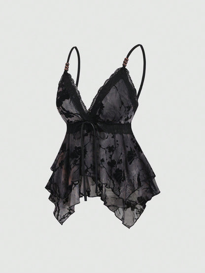 Sweetra Women's Black Floral Summer Seductive Night Out Tank Top, Vintage Chic Lace Asymmetric Double-Layer Ruffle Hem, Spaghetti Strap V-Neck Ribbon Bow Top