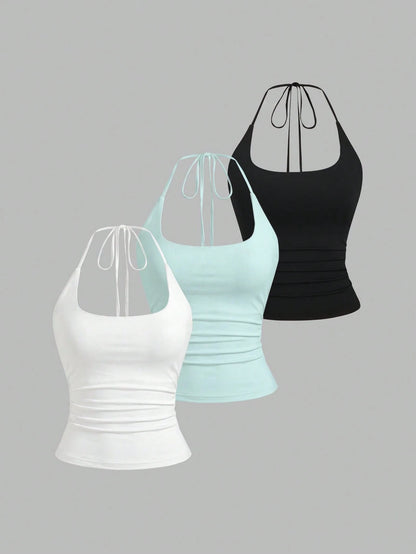 Sweetra Women's European And American Fashion Casual New Summer Slimming Sexy Halter Neck Elegant Backless Commuter Casual Fitness Versatile 3-Piece Set Top
