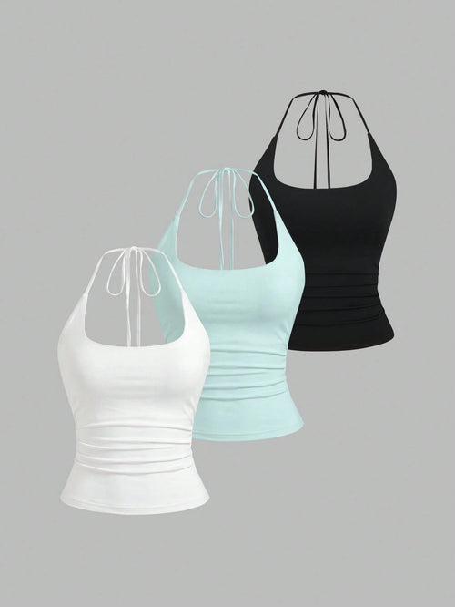 Sweetra Women's European And American Fashion Casual New Summer Slimming Sexy Halter Neck Elegant Backless Commuter Casual Fitness Versatile 3-Piece Set Top