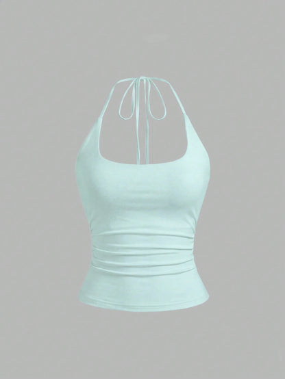 Sweetra Women's European And American Fashion Casual New Summer Slimming Sexy Halter Neck Elegant Backless Commuter Casual Fitness Versatile 3-Piece Set Top