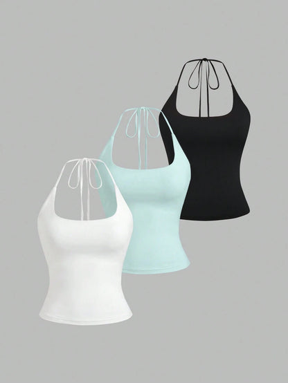Sweetra Women's European And American Fashion Casual New Summer Slimming Sexy Halter Neck Elegant Backless Commuter Casual Fitness Versatile 3-Piece Set Top