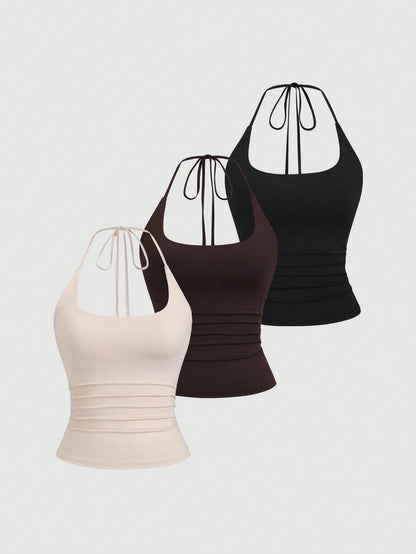 Sweetra Women's European And American Fashion Casual New Summer Slimming Sexy Halter Neck Elegant Backless Commuter Casual Fitness Versatile 3-Piece Set Top