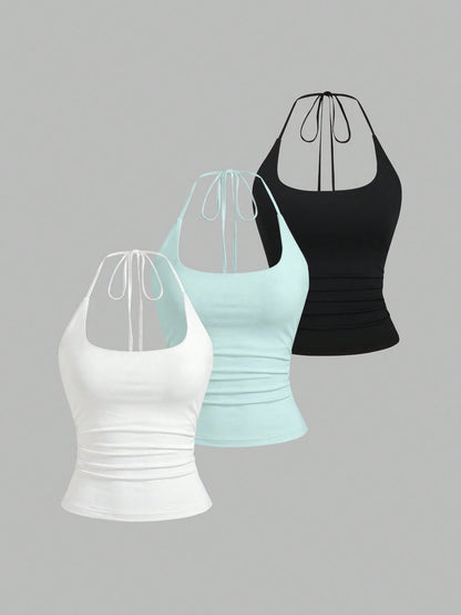 Sweetra Women's European And American Fashion Casual New Summer Slimming Sexy Halter Neck Elegant Backless Commuter Casual Fitness Versatile 3-Piece Set Top