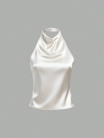 Sweetra Women's Solid Color Halter Casual Versatile Daily Wear Top