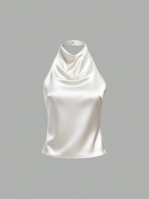 Sweetra Women's Solid Color Halter Casual Versatile Daily Wear Top