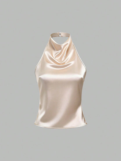 Sweetra Women's Solid Color Halter Casual Versatile Daily Wear Top