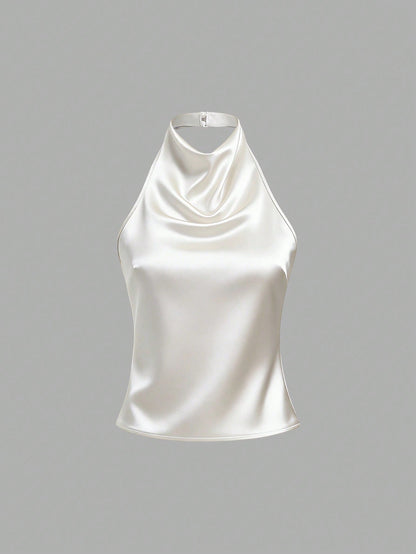 Sweetra Women's Solid Color Halter Casual Versatile Daily Wear Top