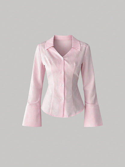 Sweetra Women Striped Print Front Button Casual Long Sleeve Shirt,Long Sleeve Tops Fall Cloth For Women