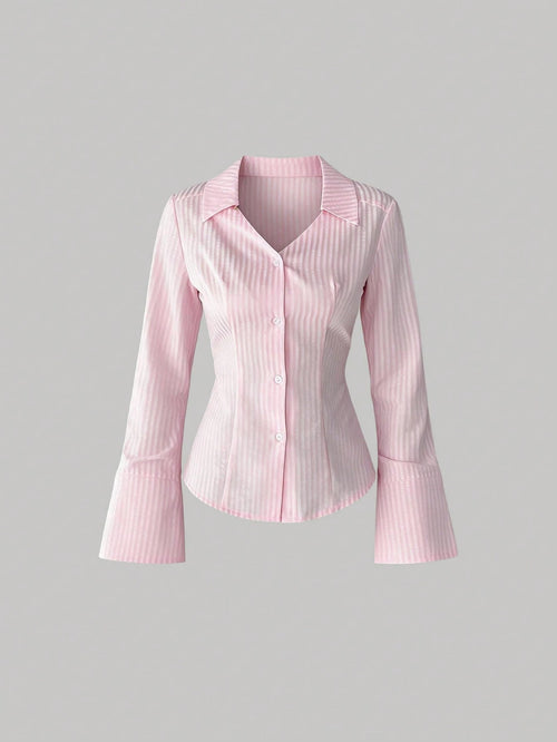 Sweetra Women Striped Print Front Button Casual Long Sleeve Shirt,Long Sleeve Tops Fall Cloth For Women