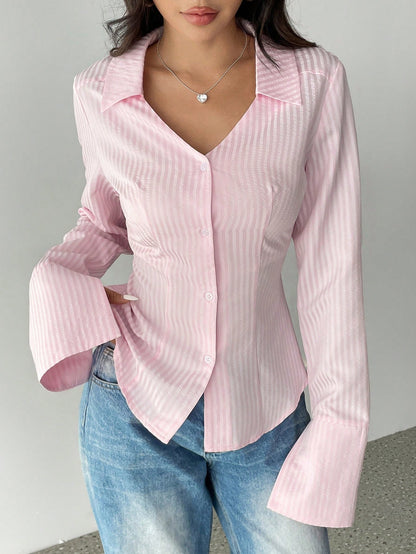 Sweetra Women Striped Print Front Button Casual Long Sleeve Shirt,Long Sleeve Tops Fall Cloth For Women