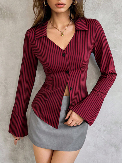 Sweetra Women Striped Print Front Button Casual Long Sleeve Shirt,Long Sleeve Tops Fall Cloth For Women
