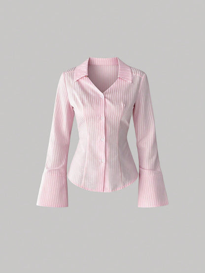 Sweetra Women Striped Print Front Button Casual Long Sleeve Shirt,Long Sleeve Tops Fall Cloth For Women