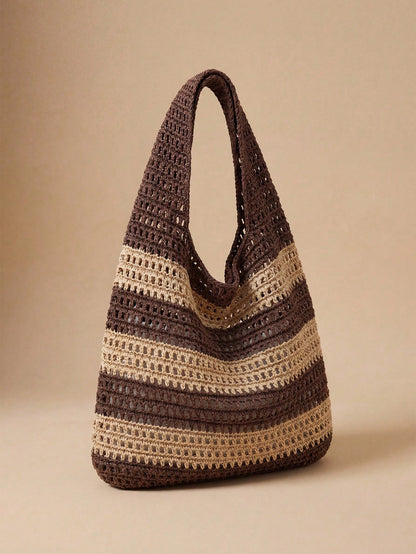 Swim Chiccia 2024 New Handmade Crochet Woven Tote Bag For Women, Vintage Striped Decor One Shoulder Large Capacity Handbag, Perfect For Beach Vacation, Travel, Shopping And Holiday Essential, Eye-Catc
