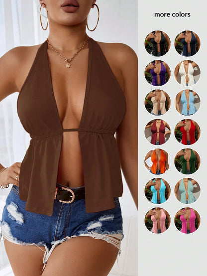 SXY Summer Front Slit, Backless, Knotted Halterneck Black Top
