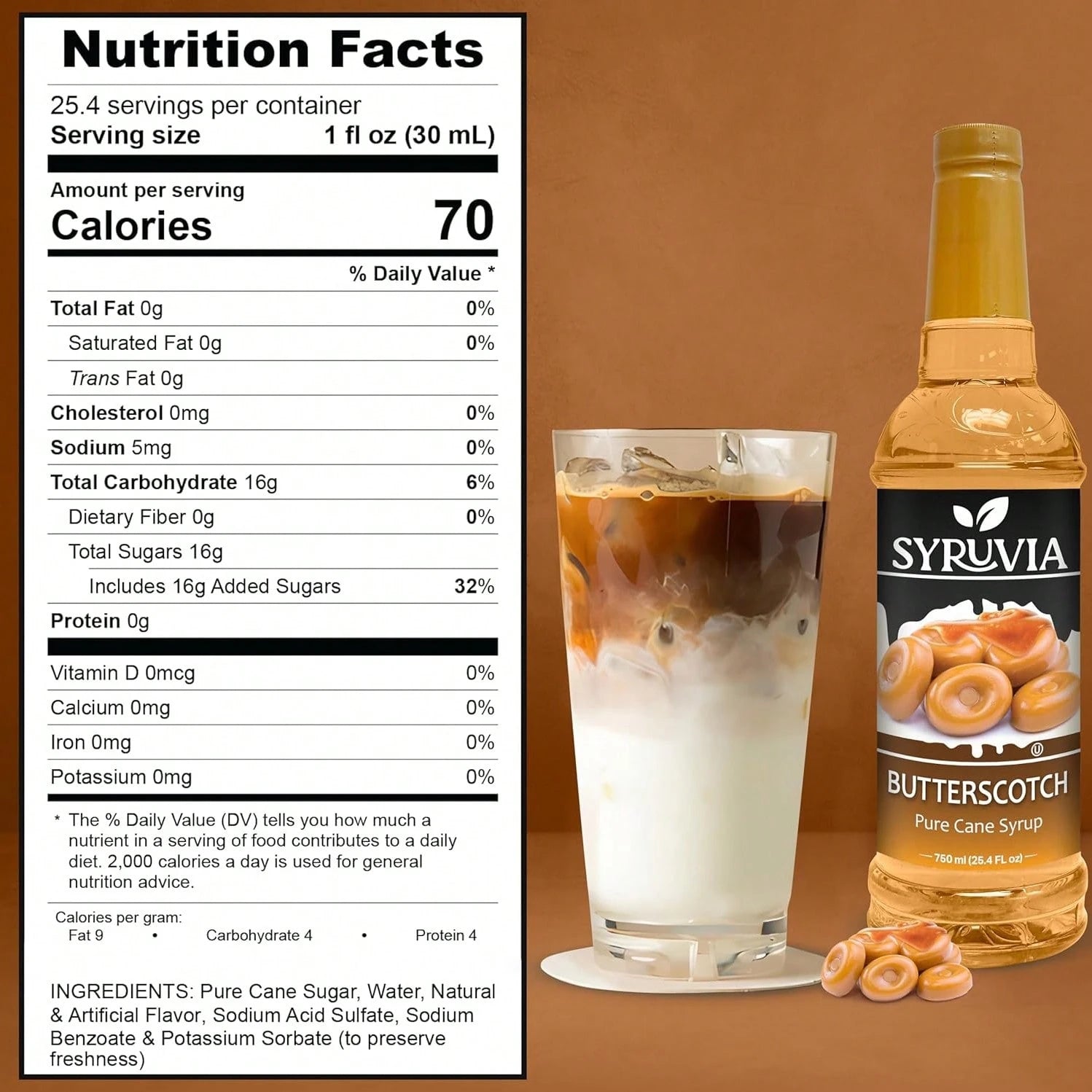 Syruvia Butterscotch Coffee Syrup- 25.4 Fl Oz. Premium Coffee Flavoring Syrup. Kosher, And Gluten-Free. Perfect For Enhancing Drinks, Sodas, Shakes, Desserts, And More.