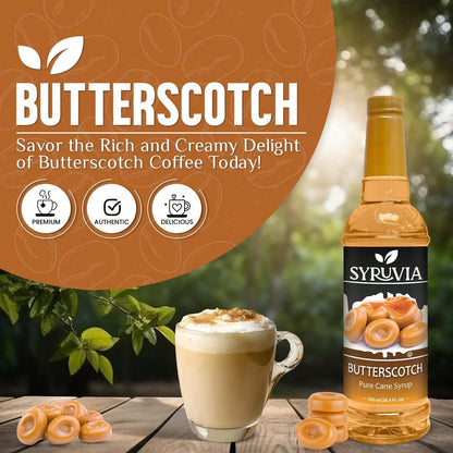 Syruvia Butterscotch Coffee Syrup- 25.4 Fl Oz. Premium Coffee Flavoring Syrup. Kosher, And Gluten-Free. Perfect For Enhancing Drinks, Sodas, Shakes, Desserts, And More.