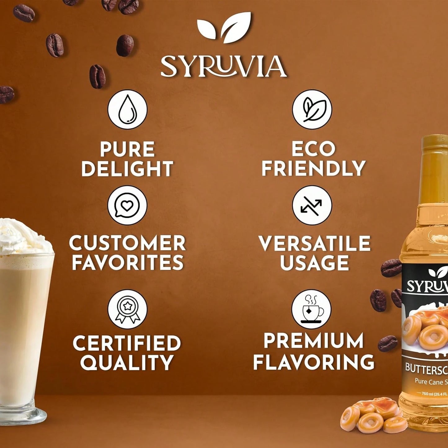 Syruvia Butterscotch Coffee Syrup- 25.4 Fl Oz. Premium Coffee Flavoring Syrup. Kosher, And Gluten-Free. Perfect For Enhancing Drinks, Sodas, Shakes, Desserts, And More.
