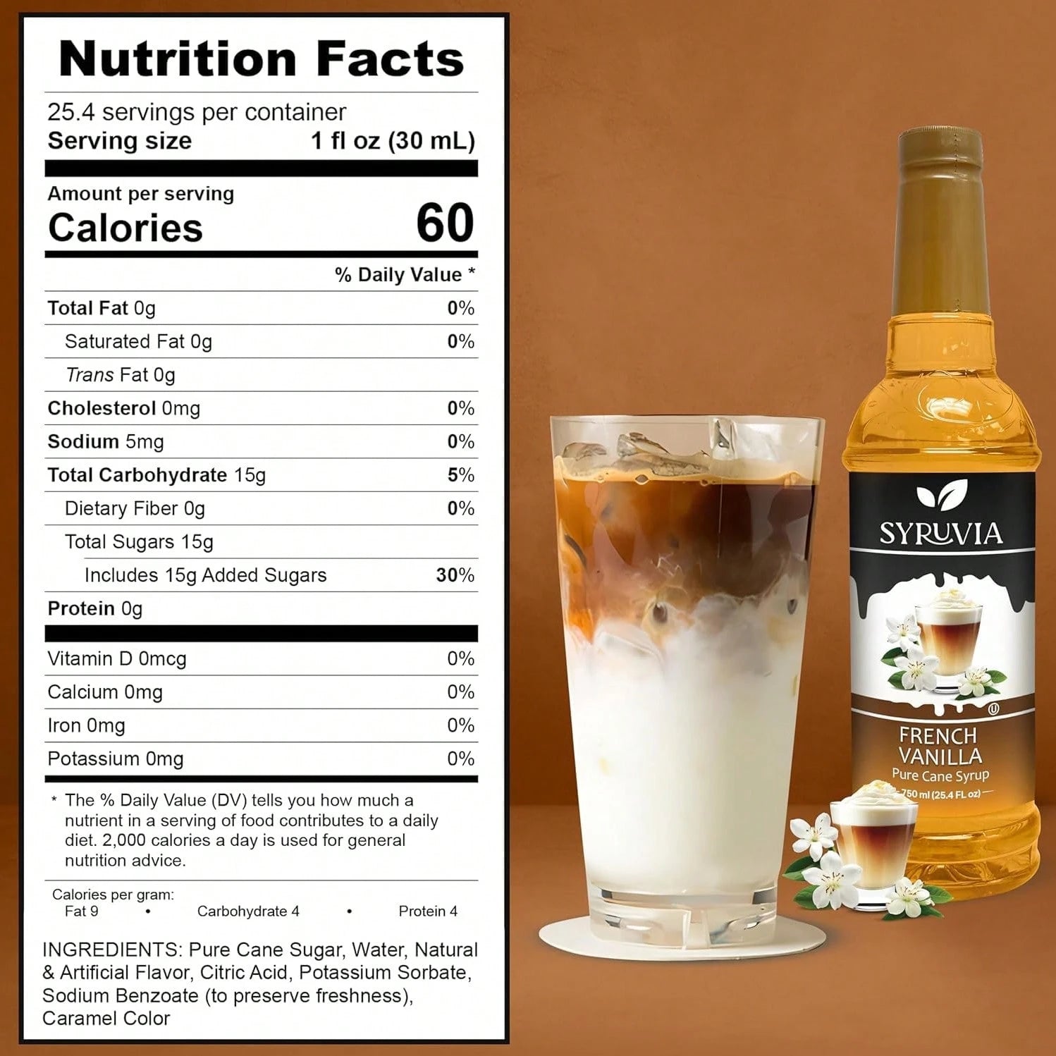 Syruvia French Vanilla Coffee Syrup- 25.4 Fl Oz. Premium Coffee Flavoring Syrup. Kosher, And Gluten-Free. Perfect For Enhancing Drinks, Sodas, Shakes, Desserts, And More.