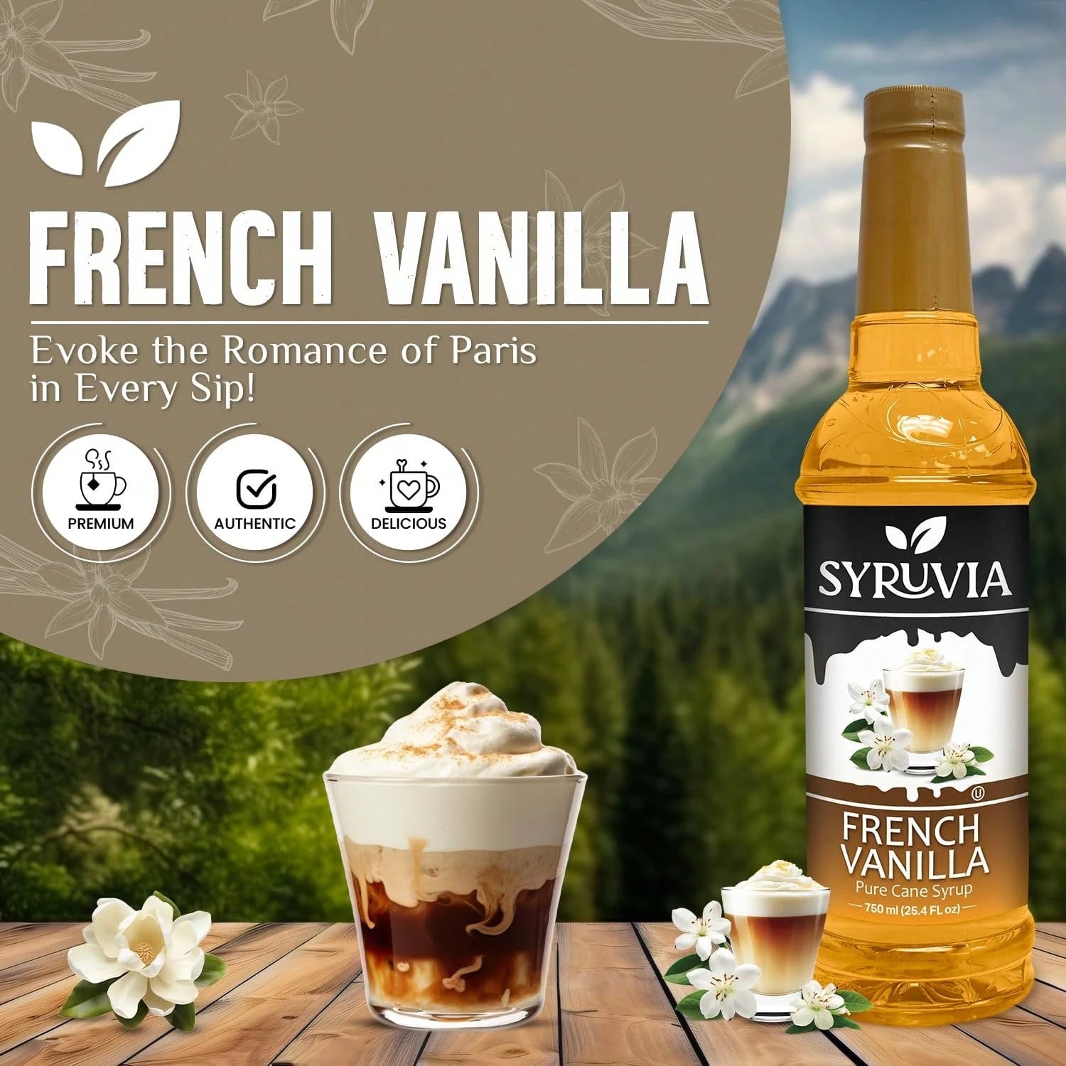 Syruvia French Vanilla Coffee Syrup- 25.4 Fl Oz. Premium Coffee Flavoring Syrup. Kosher, And Gluten-Free. Perfect For Enhancing Drinks, Sodas, Shakes, Desserts, And More.