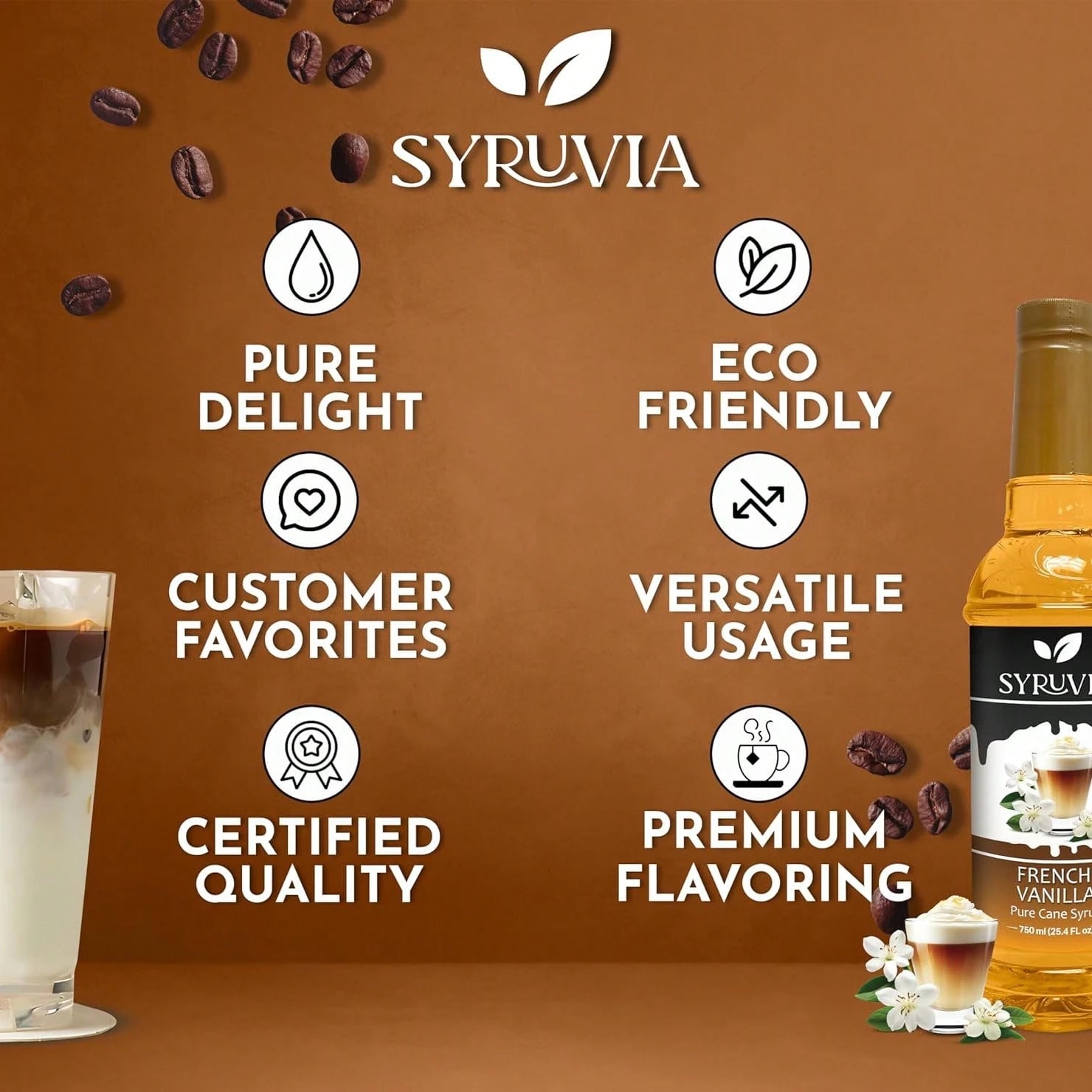 Syruvia French Vanilla Coffee Syrup- 25.4 Fl Oz. Premium Coffee Flavoring Syrup. Kosher, And Gluten-Free. Perfect For Enhancing Drinks, Sodas, Shakes, Desserts, And More.