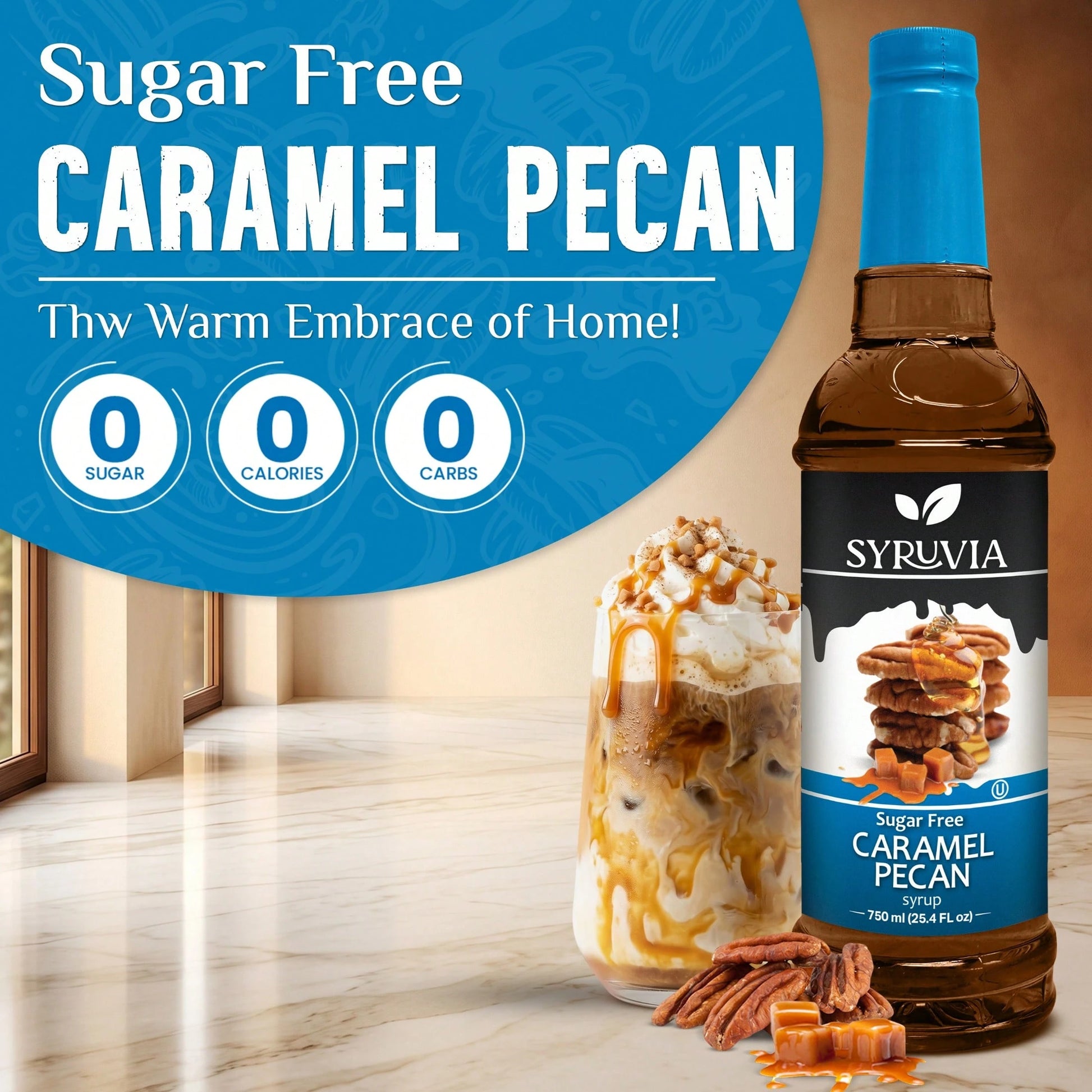 Syruvia Sugar-Free Caramel Pecan Syrup- 25.4 Fl Oz Premium Coffee Flavoring Syrup. 0 Calories, Kosher, And Gluten-Free. Ideal For Drinks, Sodas, Shakes, Desserts, And More.