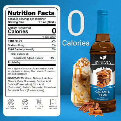 Syruvia Sugar-Free Caramel Pecan Syrup- 25.4 Fl Oz Premium Coffee Flavoring Syrup. 0 Calories, Kosher, And Gluten-Free. Ideal For Drinks, Sodas, Shakes, Desserts, And More.