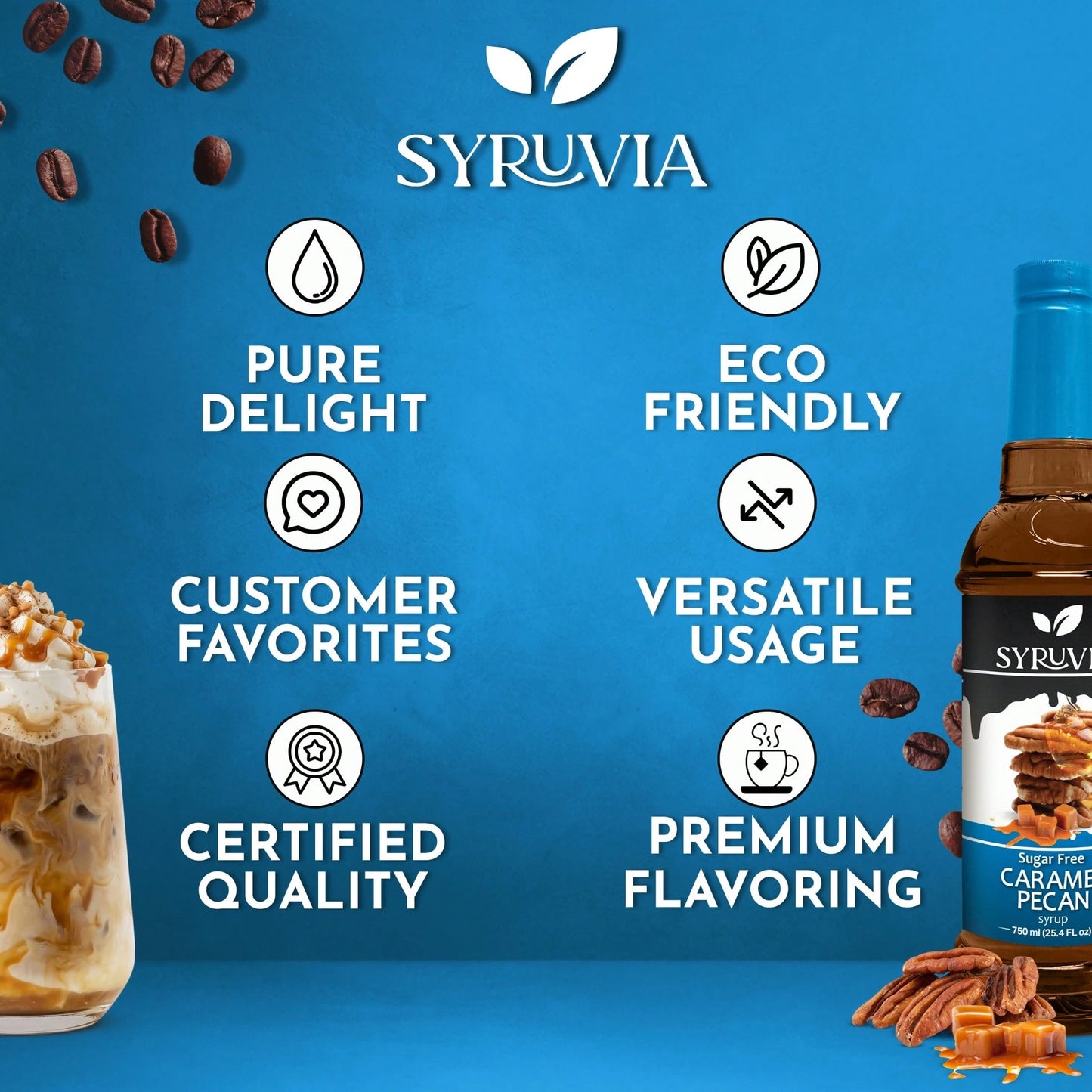 Syruvia Sugar-Free Caramel Pecan Syrup- 25.4 Fl Oz Premium Coffee Flavoring Syrup. 0 Calories, Kosher, And Gluten-Free. Ideal For Drinks, Sodas, Shakes, Desserts, And More.